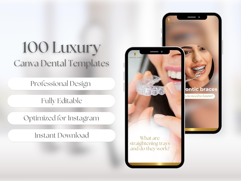 Puede incluir: Un conjunto de 100 plantillas dentales Canva de lujo para Instagram. Las plantillas presentan dise&ntilde;os profesionales, son totalmente editables y ofrecen descarga instant&aacute;nea. La imagen muestra dos pantallas de tel&eacute;fono con ejemplos de las plantillas, una con una persona con alineadores transparentes y el texto "&iquest;Qu&eacute; son las bandejas de enderezamiento y funcionan?" y la otra con una persona con brackets y el texto "Brackets Invisalign que necesitas saber?"