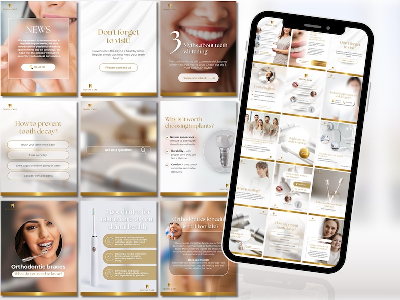 Puede incluir: Un collage de im&aacute;genes que promocionan servicios de atenci&oacute;n dental. Las im&aacute;genes muestran personas sonrientes, herramientas dentales y texto sobre temas de atenci&oacute;n dental como el blanqueamiento dental, los implantes y la ortodoncia. El texto incluye frases como "&iexcl;No olvides visitar!" y "3 Mitos sobre el blanqueamiento dental".