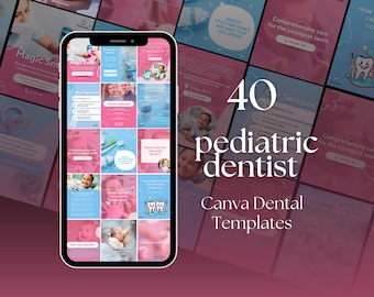 Plantillas de Instagram para dentistas pediátricos / Clínica dental rosa y azul (40 plantillas de Canva)