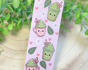 Matcha Bookmark, Pink, Green, Laminated Cardstock Bookmark Gift