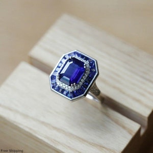 Bague ancienne réglable, bague vintage avec pierres précieuses bleues, bague de fiançailles en saphir français, bague art déco, alliance, cadeau bague fantaisie