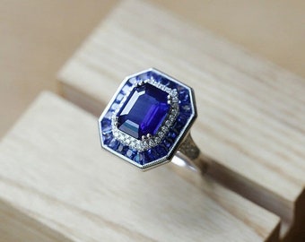 Bague ancienne réglable, bague vintage avec pierres précieuses bleues, bague de fiançailles en saphir français, bague art déco, alliance, cadeau bague fantaisie