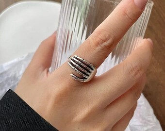 Sterling Silver Skeleton Hand Ring, Adjustable Ring, Silver Ring, Thumb Ring, Gothic Ring, Skeleton Ring, Spooky Trendy Hand Rings, Gifts
