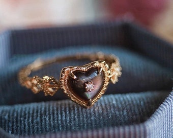 18K Vermeil schwarzer Herz-Spitzen-vergoldeter Ring, einfache Ringe, Ringe als Geschenk, Spitzenring, Stapelring, Kettenring, minimalistischer Ring