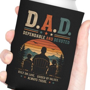 Dad Dependable Devoted Can Cooler: Vintage Sunset Scene Graphic