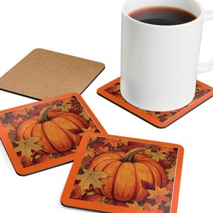 Autumn Pumpkin Coaster Set | Cork-Backed, Fall Leaves Drink Protection (Set of 4)