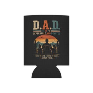 Enfriador de latas para papá: confiable y devoto. Gráfico de escena de atardecer vintage.