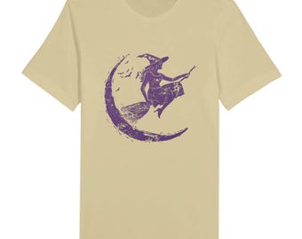 Wood Block Print Witch on Broom, Cute Halloween Graphic Tee, Soft