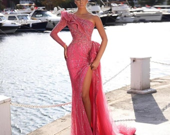 Fuchsia One Shoulder Luxury Dubai Evening Dresses Arabic Side Slit Mermaid Prom Formal Dress for Wedding