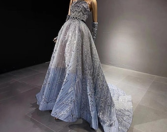 Glitter Blue Beaded Dubai Evening Dresses Luxury Crystal Arabic Long Formal Prom Dress for Women Wedding Party