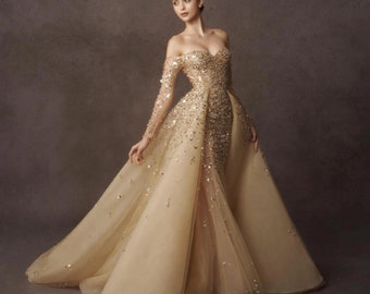 Luxury Dubai Champagne Gold Mermaid Evening Dress with Detachable Overskirt Off Shoulder Arabic Wedding Party