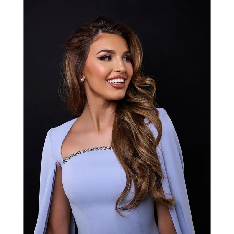 Elegant Blue Mermaid Arabic Evening Dress With Cape Sleeves for Women ...