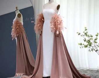 Luxury Dubai Feather Rose Pink Evening Dress with Cape Dubai Elegant Formal Dresses for Women Wedding Party