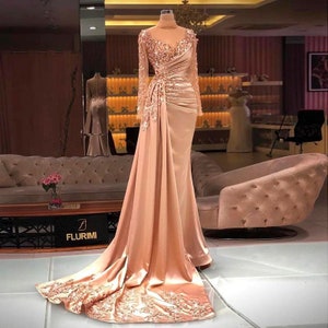 Rose Gold Mermaid Arabic Evening Dresses Long Sleeve Luxury Dubai Muslim Formal Dress for Women Wedding Party