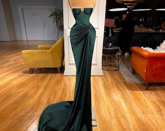 Spaghetti Straps Emerald Green Mermaid Evening Dress for Women Wedding Party Crystal Long Prom Formal Dresses