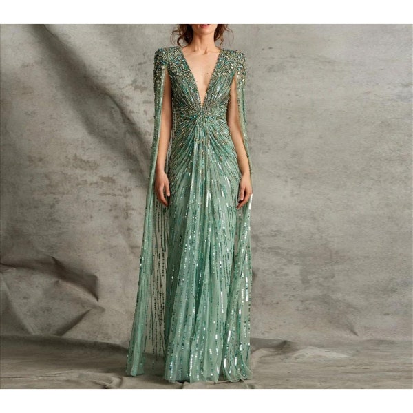 Luxury Dubai Sage Green Evening Dresses with Cape Fuchsia Crystal Gold Elegant Women Wedding Formal Party Gown