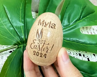 Uova di Pasqua personalizzate in legno, uova intagliate in legno con il nome del bambino, primo regalo primaverile per neonati/bambini, ripieno di cestino di Pasqua