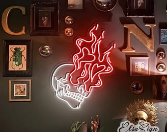 Skull Heart Fire Neon Sign, Gothic Halloween Decor