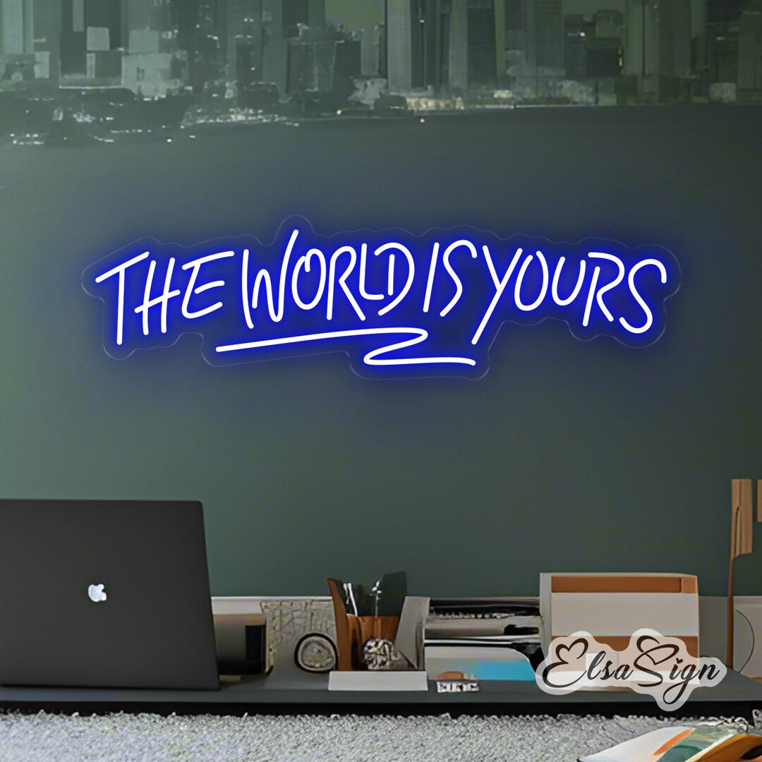 Insegna LED Neon The World Is Yours: 41x31 Cm, Luci Regolabili Rosa E Blu Ghiaccio Con Motivo Terra
