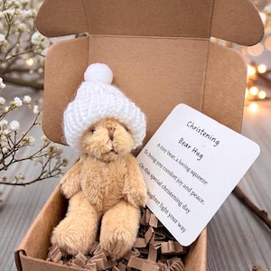 Christening Pocket Bear Hug – Baptism Gift for Baby, Godchild Keepsake, Christian Blessing Token, Goddaughter or Godson Gift, Religious gift