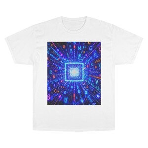 May include: A white short-sleeve t-shirt featuring a central rectangular graphic of a digital tunnel. The design displays glowing blue and orange mathematical symbols, letters, and equations radiating outward from a bright central light source.