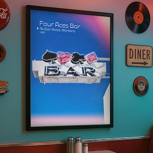 May include: A diner interior with a framed sign that reads "Four Aces Bar" and a "Diner" sign. The wall is decorated with vintage signs, including a Coca-Cola logo and Route 66. A table and booth seating are in the foreground.