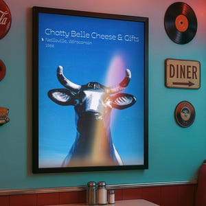 Americana Nostalgie Poster | Chatty Belle | Vintage Roadside Cow | Retro Road-Trip Wandbild | Nostalgische Wanddeko | Digitaler Kunstdruck