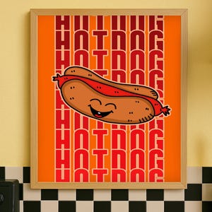 Lustiges Hot Dog Poster – Witzige Küche Deko im Cartoon Stil / Humorvoller Food Art Print für Esszimmer, WG oder BBQ / Digitaler Kunstdruck