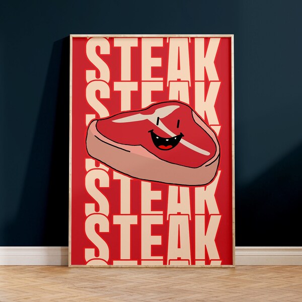 Happy Steak Poster, Lustige Wanddeko, Küchenposter, Küchendeko, Steak Bild, Fleischesser Poster, Küchen Bild, Esszimmer Bild, T-Bone Steak