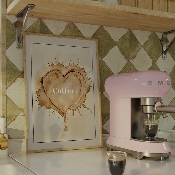 Herzförmiger Kaffeefleck , Coffee Poster, Kaffee Poster, Minimalistisch, Espresso Poster, moderne Küchenkunst, Küchen Bild, Kaffee Bar Dekor