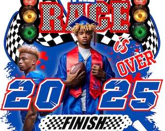 Editable Canva Graduation Senior T-Shirt Design Template  - The Race is Over - Red and Blue