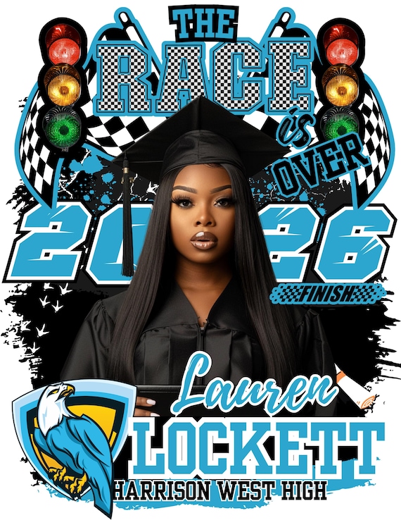 Editable Canva Graduation Senior T-Shirt Design Template  - The Race is Over - Light Blue and Black
