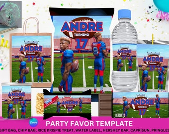 Football Party Favor Template Bundle - Water bottle, candy bar, krispie treats, chip bags, party box, party bag