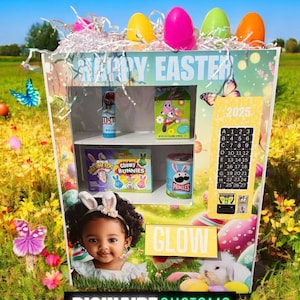 May include: An Easter-themed display box with the text "HAPPY EASTER" and a calendar for 2025. The box contains candy, including M&M's, and a child wearing bunny ears. The box is surrounded by a field of grass and flowers.