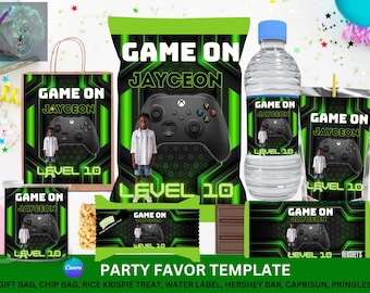 Video Game Party Favor Template Bundle - Water bottle, candy bar, krispie treats, chip bags, party box, party bag