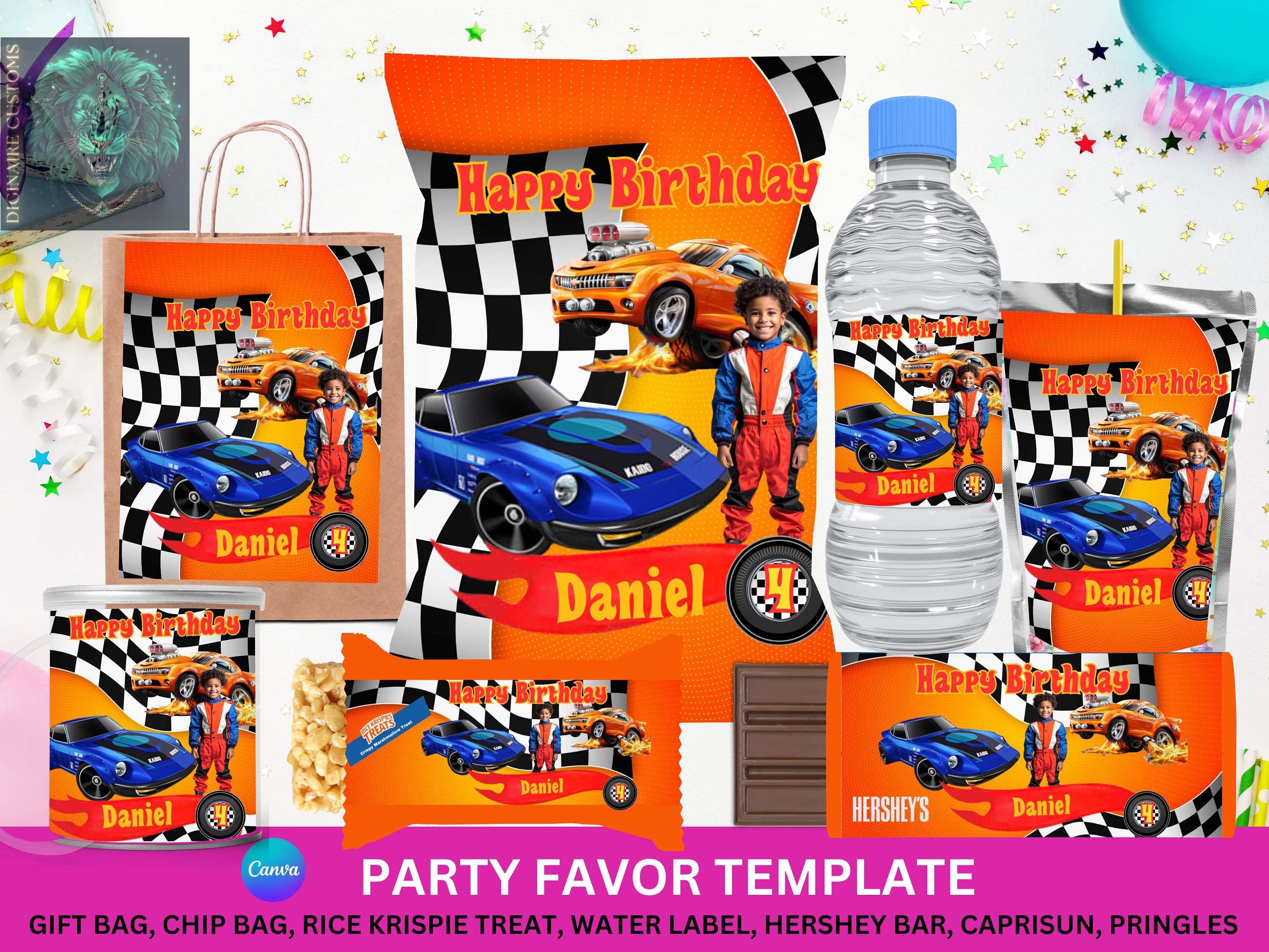 Race Cars Party Favor Template Bundle - Water bottle, candy bar, krispie treats, chip bags, party box, party bag
