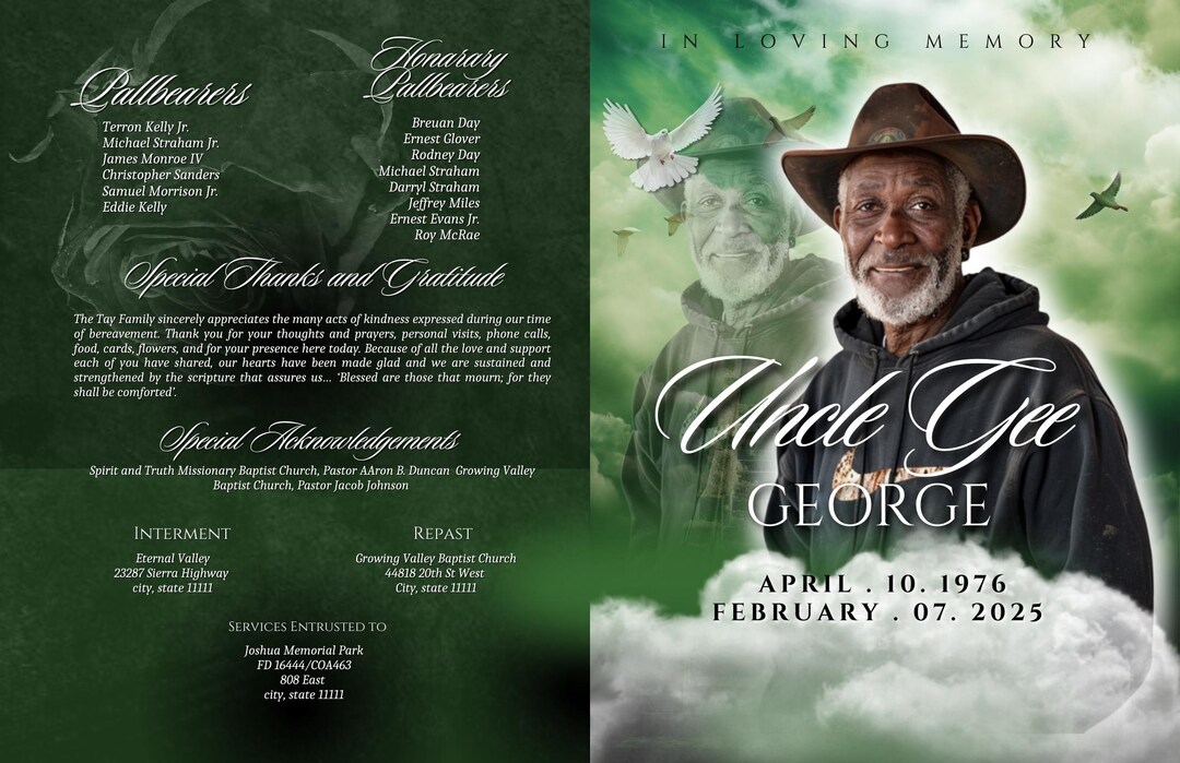 Editable Obituary Template Dark Green Etsy