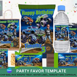 Pacchetto di modelli per bomboniere a tema Monster Truck: bottiglia d'acqua, barretta di cioccolato, dolcetti Krispie, sacchetti di patatine, scatola per feste, sacchetto per feste