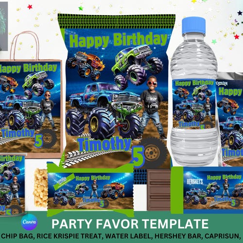 Monster Truck Party Favor Template Bundle - Water bottle, candy bar, krispie treats, chip bags, party box, party bag