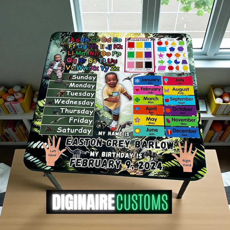 May include: A personalized children's activity table with a colorful design. The table features a color chart, shape chart, alphabet, and calendar. The child's name, Easton Grey Barlow, and birthday, February 9, 2024, are displayed. The table has a black frame.