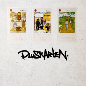 May include: Three illustrated game cards with cartoon characters and text in German. The cards are titled "Gro&szlig;eltern", "Goldies", and "Kiezprominenz". Each card has a description of the game play and the cost of the card.