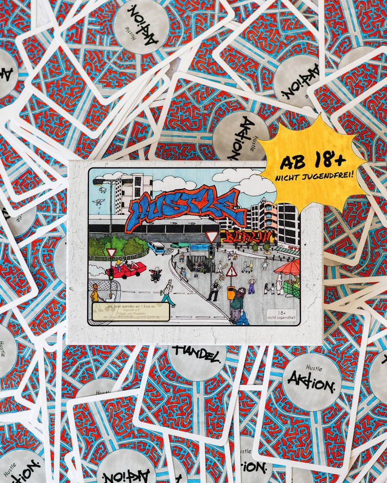 May include: A board game called "Hustle Berlin" with a colorful city scene on the box cover. The game is for ages 18 and up and is not appropriate for children. The game includes cards with different actions and a variety of colorful illustrations.