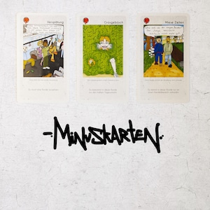 May include: Three illustrated cards with colorful cartoon images and text in German. The cards are titled "Versp&auml;tung", "Grasgeb&uuml;sch", and "Miese Zeiten". The text on the cards describes the rules of the game.