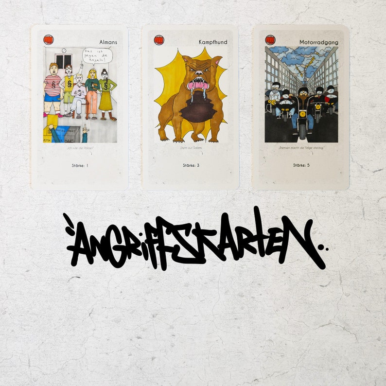 May include: Three illustrated cards with red borders and yellow backgrounds. The cards are titled "Almans", "Kampfhund", and "Motorradgang". Each card features a different illustration and text. The text on the cards reads "gegen de", "St&ouml;rte: 3", and "State: 5". The cards are on a white background with the text "ANGRIFFSKARTEN" written in black.