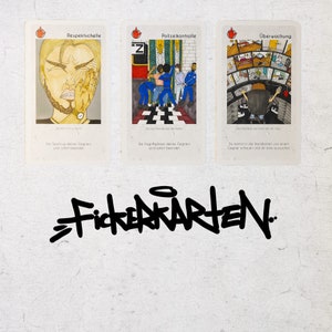 May include: Three illustrated playing cards with German text. The cards are titled "Respektschelle", "Polizeikontrolle", and "&Uuml;berwachung". Each card has a different illustration and text describing the card's effect.