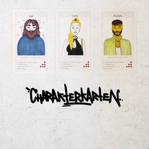 May include: Three character cards with illustrations of people and text in German. The cards are titled "Uwe", "Caitlin", and "Mustafa". Each card has a list of game phases: "Zugphase", "Angriffsphase", "Handelsphase", and "Abrechnung".
