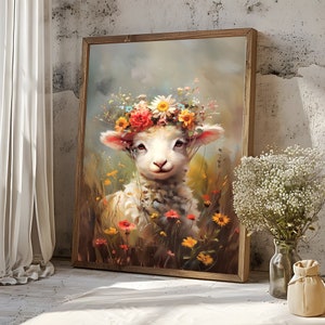 Lamm Poster, Lämmchen Kunstdruck, Baby Lamm mit Blumen auf dem Kopf, Schaf Familie