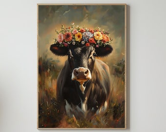 Premium Fine Art Poster Meadow Princess, Cow with Flower Wreath, Cow Wall Art, Black Dairy Cows, Cow Canvas Print, Cow Meadow Painting