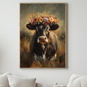 Premium Fine Art Poster Wiesenprinzessin, Kuh mit Blumenkranz, Kuh Wandkunst, Schwarze Milchkühe, Kuh Bild Leinwand, Kuh Wiesen Gemälde