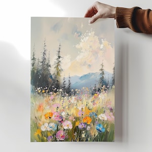 Fine Art Poster Wildblumenwiese – Romantische Wald mit Blumen und Berglandschaft auf Leinwand
